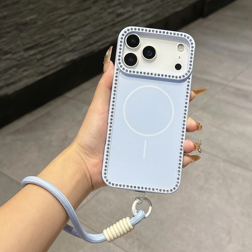 case iphone 17 16 15 14 13 promax pro soft magnetic diamond full cover strap tali handle