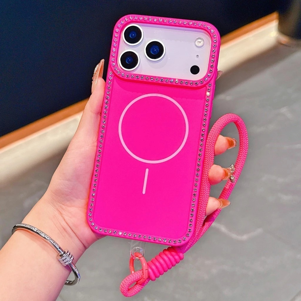 case iphone 17 16 15 14 13 promax pro soft magnetic diamond full cover strap tali handle