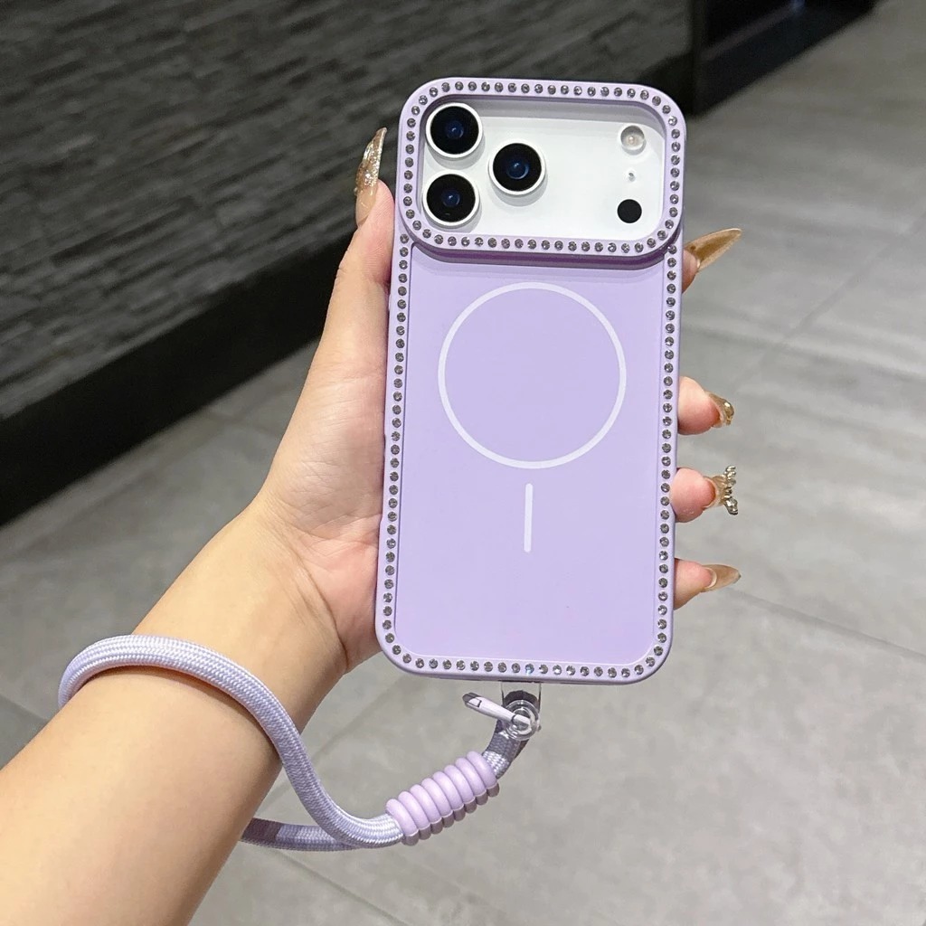 case iphone 17 16 15 14 13 promax pro soft magnetic diamond full cover strap tali handle