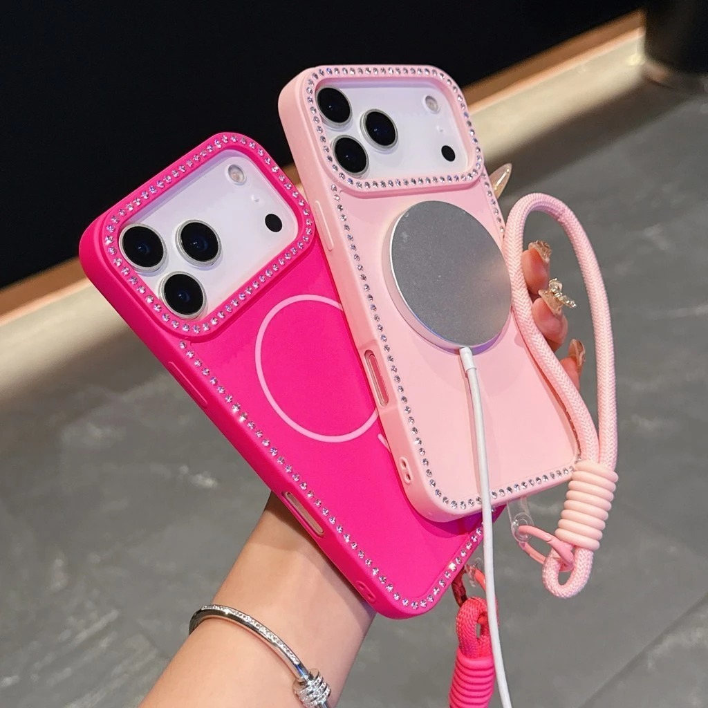 case iphone 17 16 15 14 13 promax pro soft magnetic diamond full cover strap tali handle