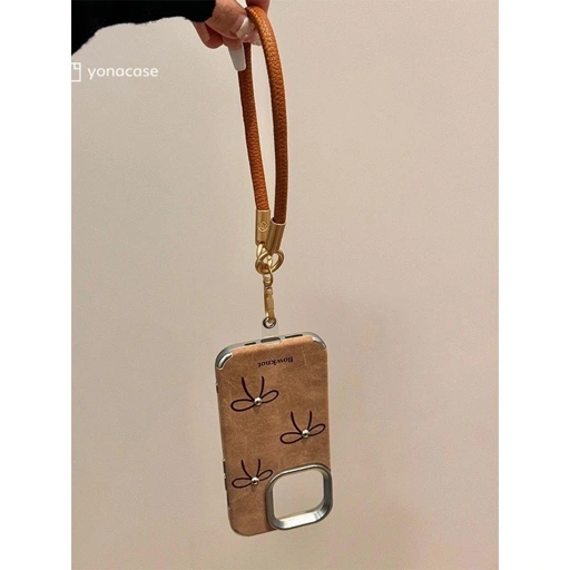 Image of case casing iphone 17 16 15 14 13 promax pro saddle brown soft leather bowknot strap tali handle