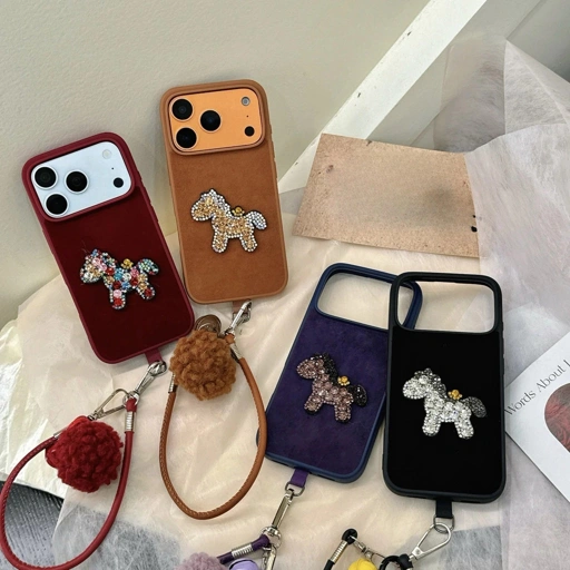 Image of case iphone 17 16 15 14 pro max crystal horse leather velvet strap