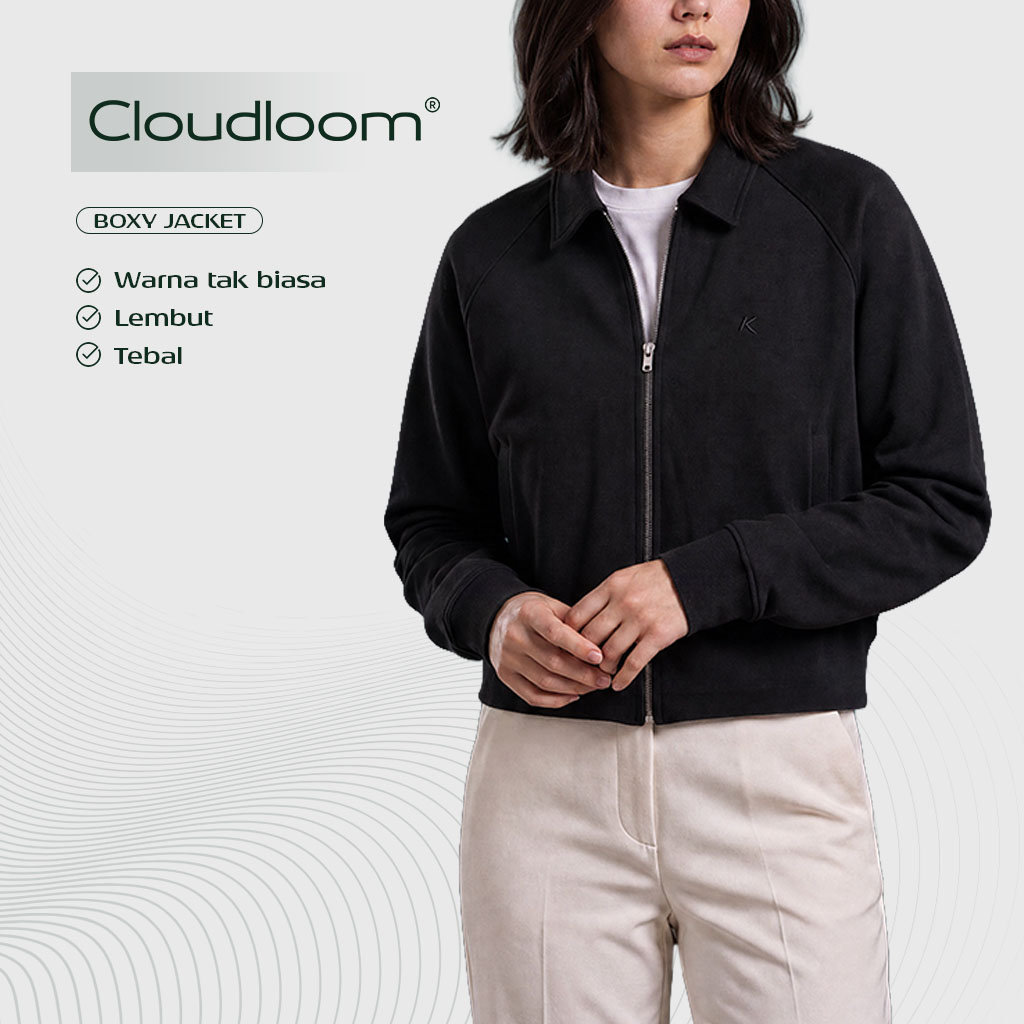 Kattoen - Cloudloom Boxy Crop Jacket Full Zipper Polos Black - Hitam 280 Gsm Pria Wanita
