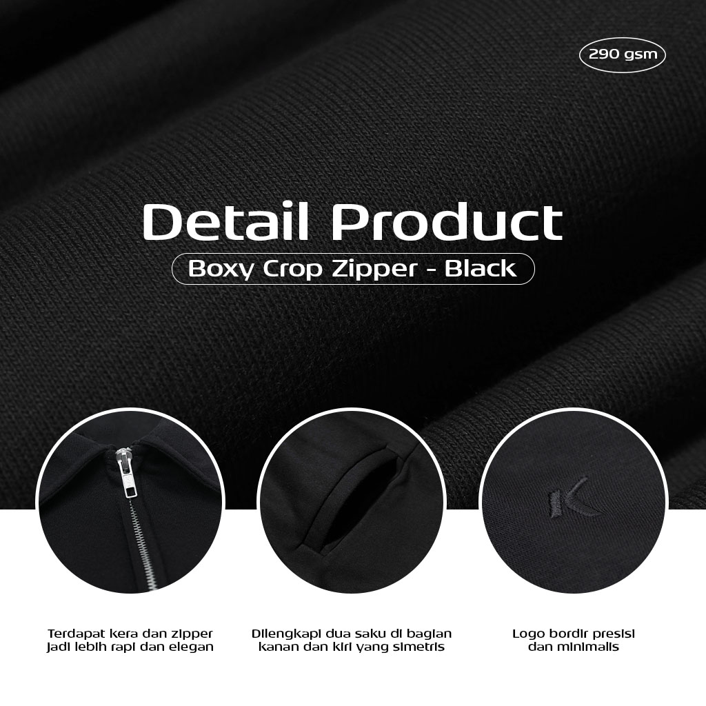 Kattoen - Cloudloom Boxy Crop Jacket Full Zipper Polos Black - Hitam 280 Gsm Pria Wanita
