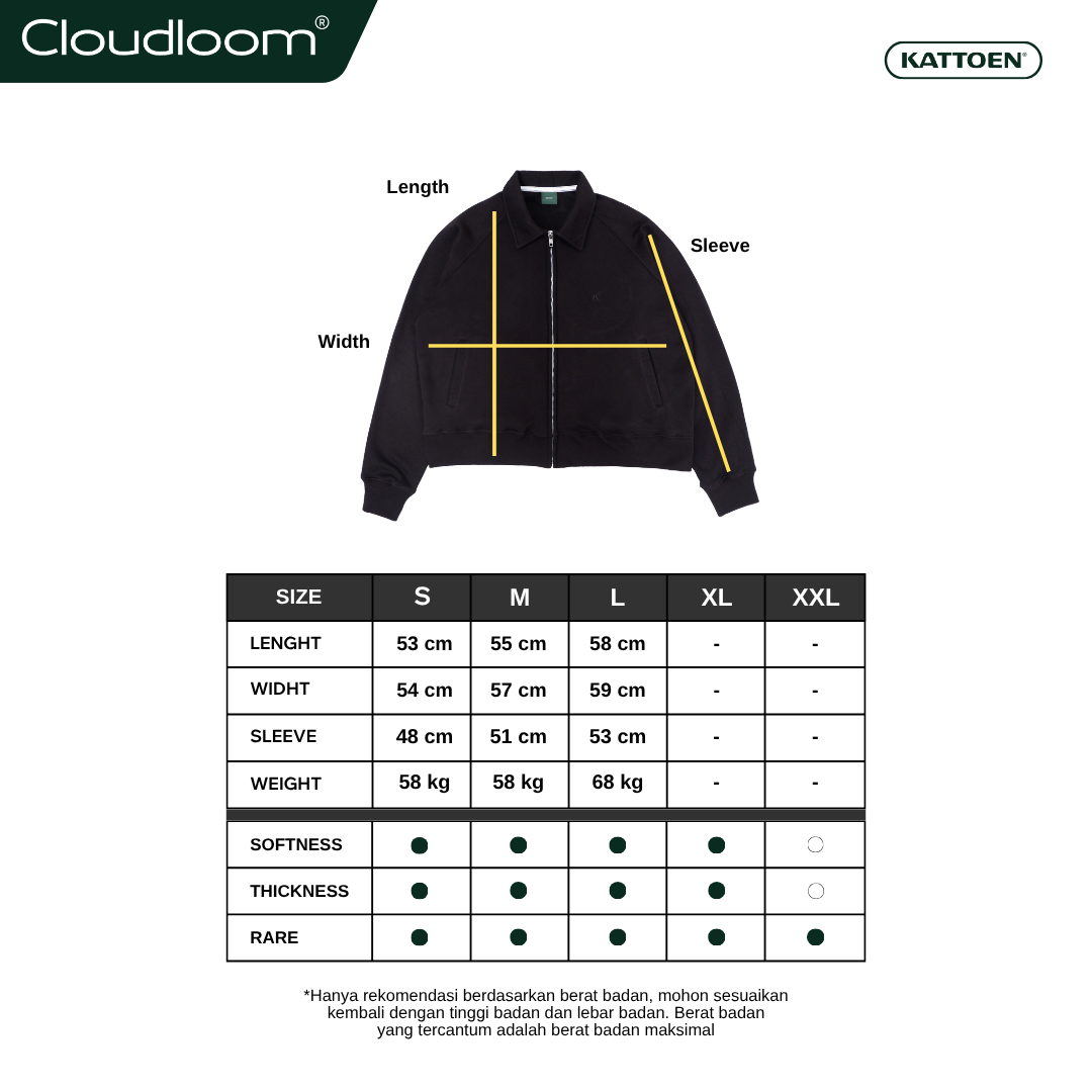 Kattoen - Cloudloom Boxy Crop Jacket Full Zipper Polos Black - Hitam 280 Gsm Pria Wanita