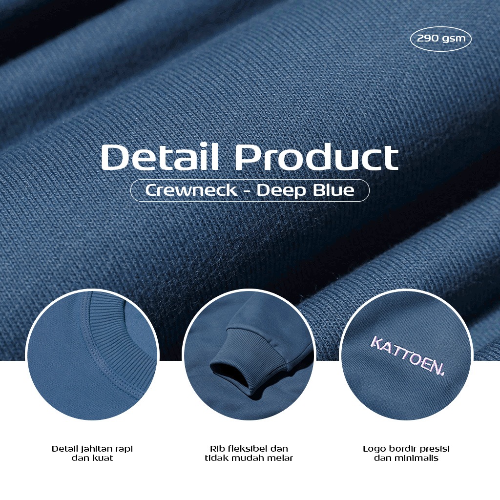 Kattoen - Cloudloom Crewneck Sweater Deep Blue - Biru Tua 280 Gsm
