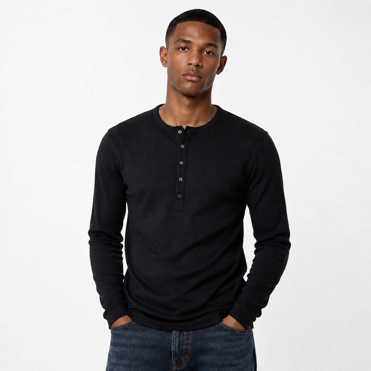 Muscle Fit Rib Henley Long Sleeve Black 