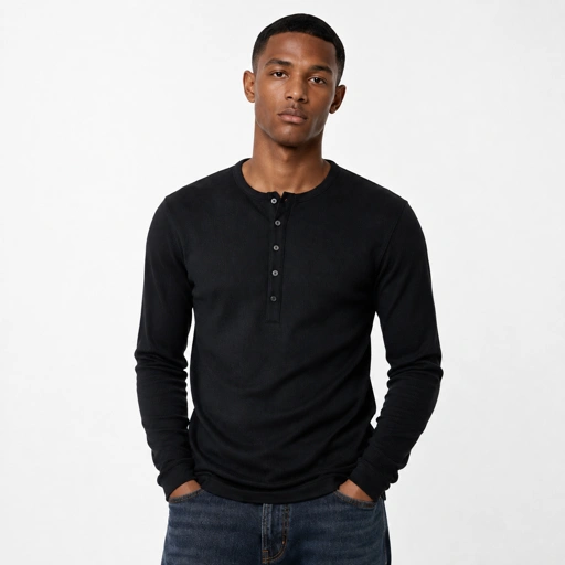 Muscle Fit Rib Henley Long Sleeve Black 