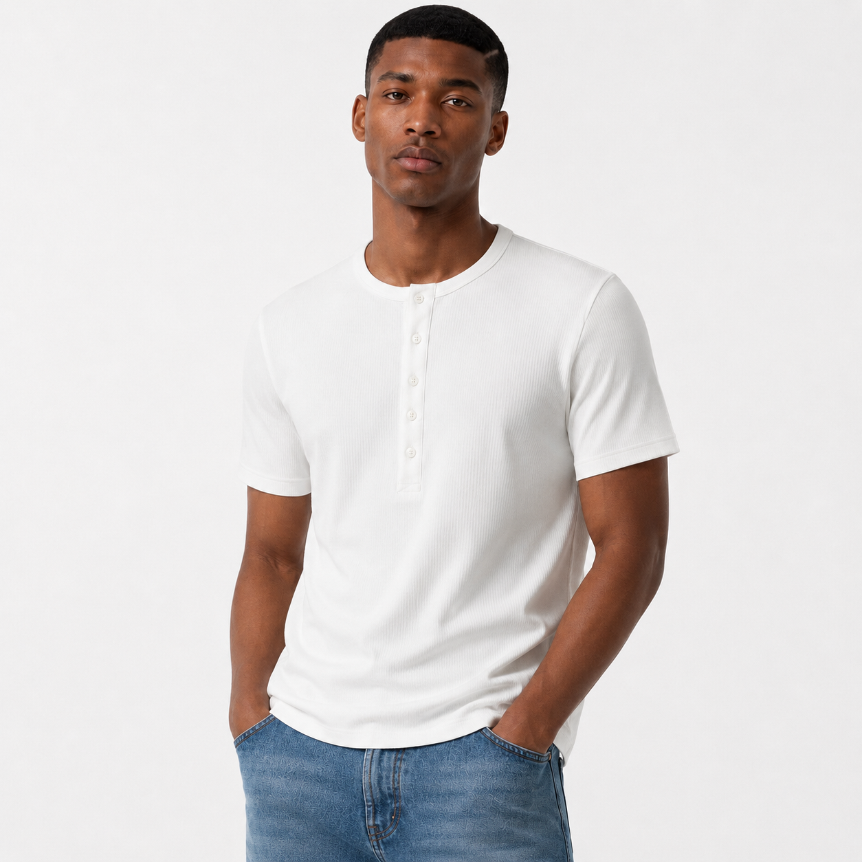 TWELTREE Muscle Fit Rib Henley Short Sleeve White - Kaos Henley Rib Slim Fit Lengan Pendek Pria Putih