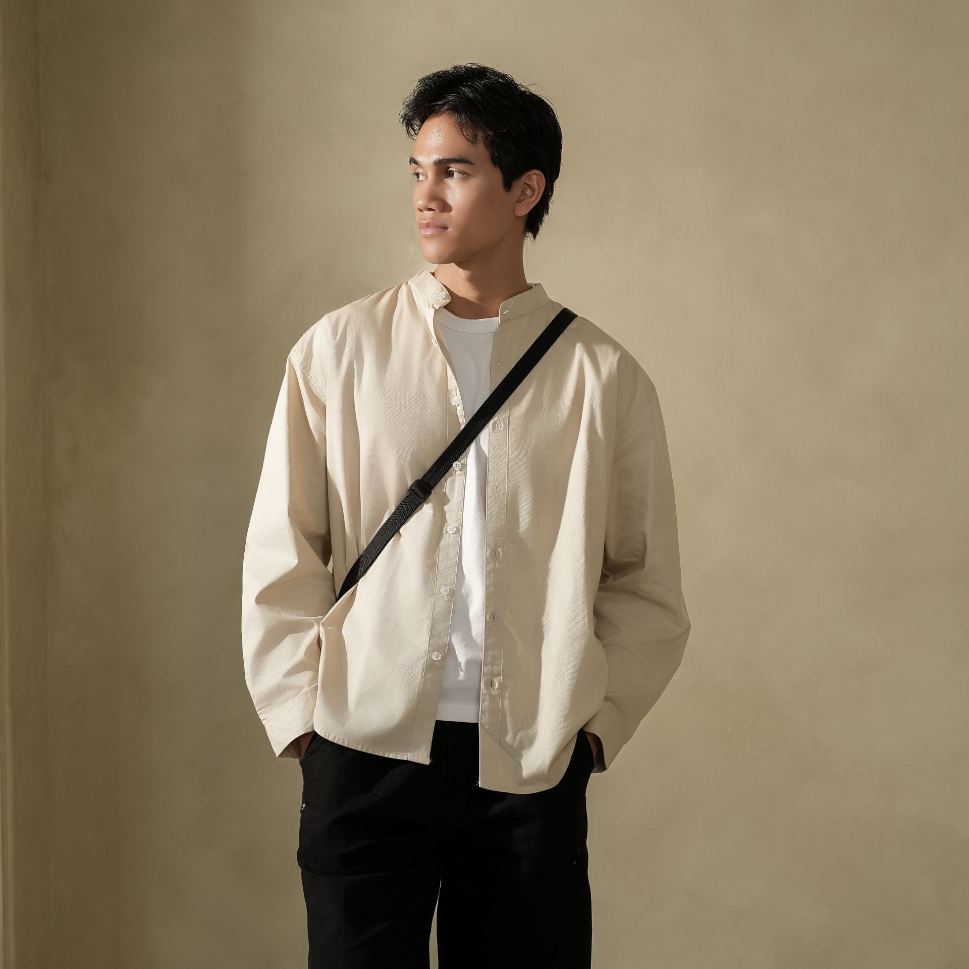 Oversize Grandad Collar Shirt Beige