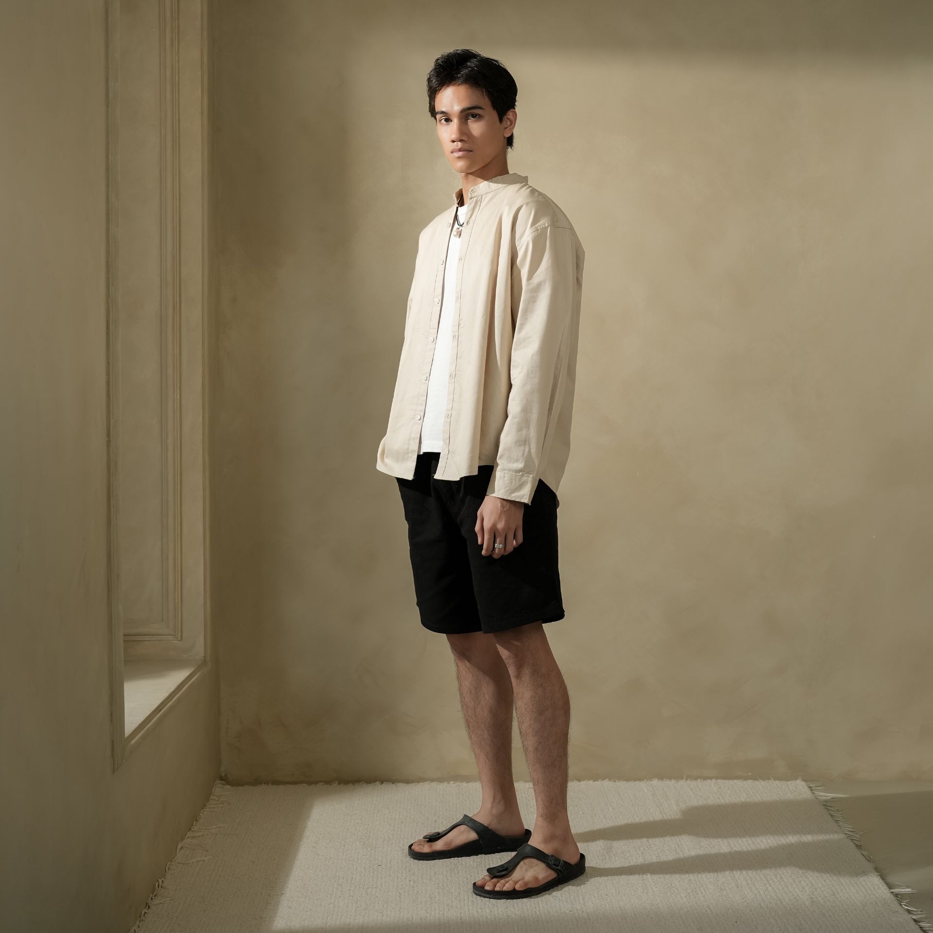 Oversize Grandad Collar Shirt Beige