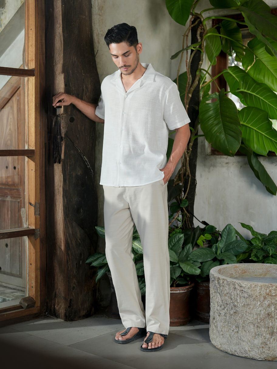 Tweltree Agire Linen Cuban Shirt White – Kemeja Santai Adem Premium Cuban Collar Lengan Pendek Putih