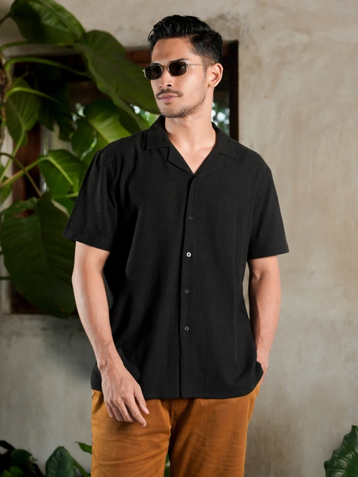 Image of Oversize Cuban Linen Shirt Black