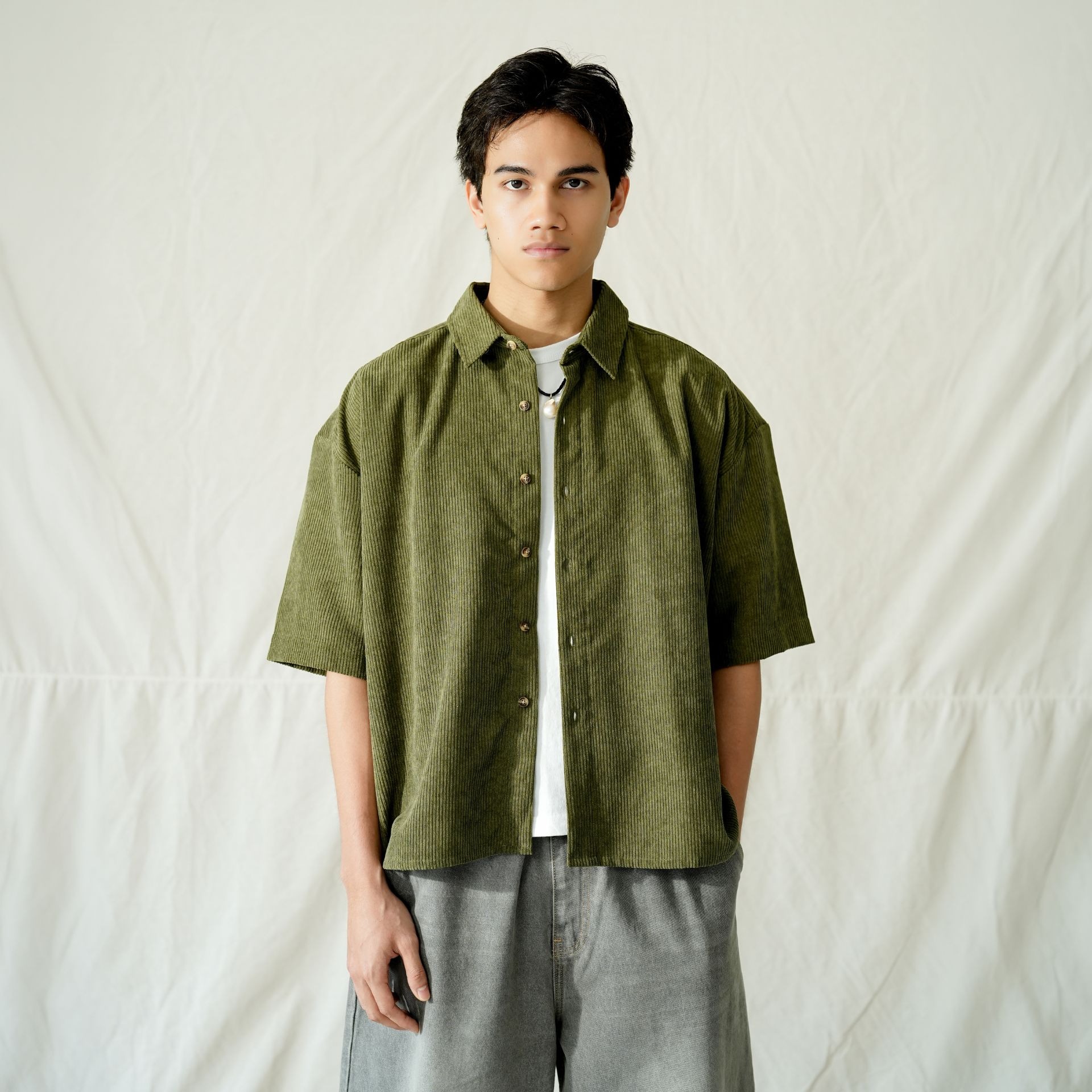 Boxy Oversize Corduroy Shirt Olive Green