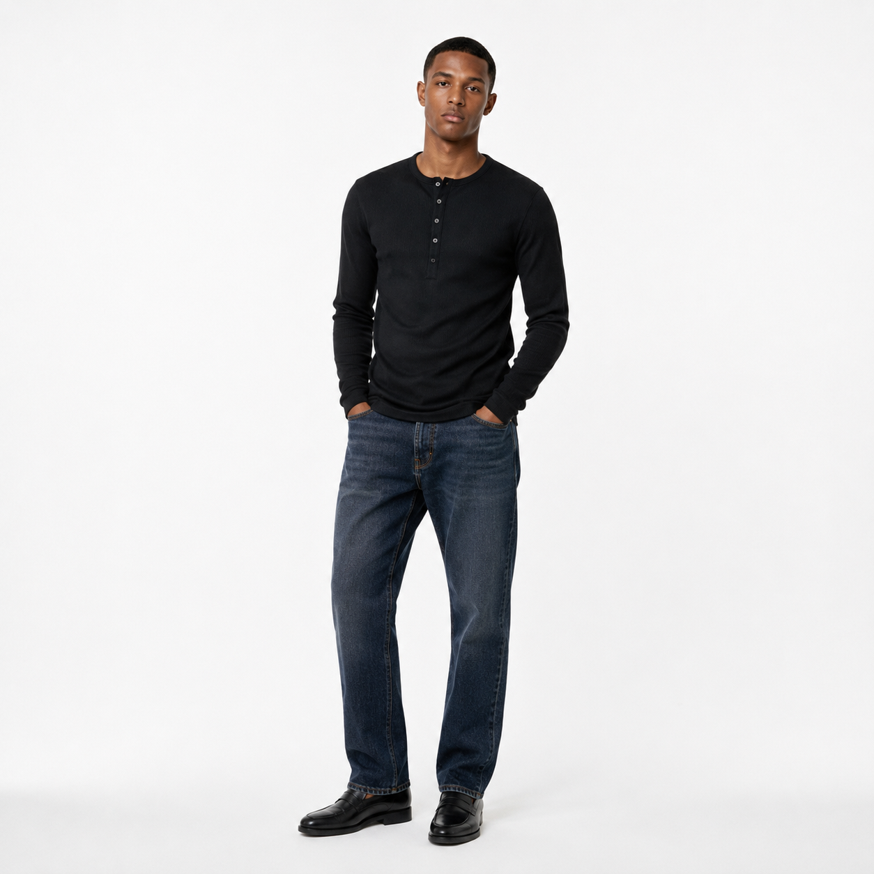 Muscle Fit Rib Henley Long Sleeve Black 