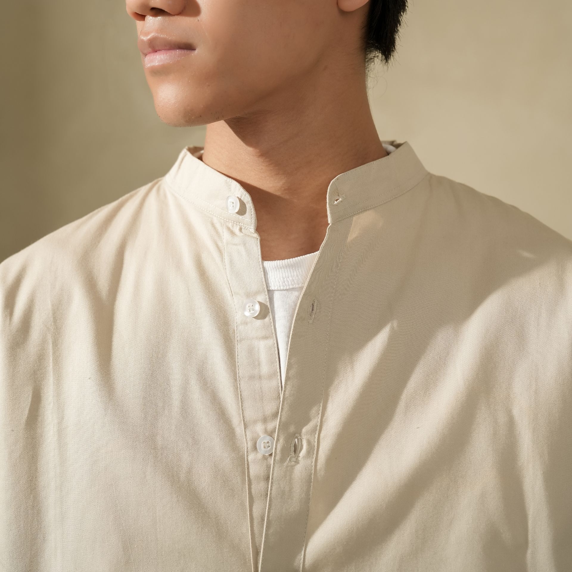 Oversize Grandad Collar Shirt Beige