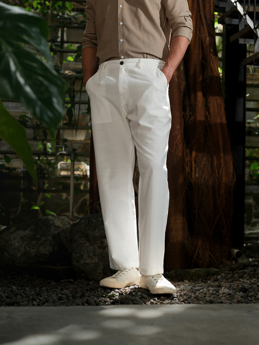 Straight Fit Linen Trousers Off White