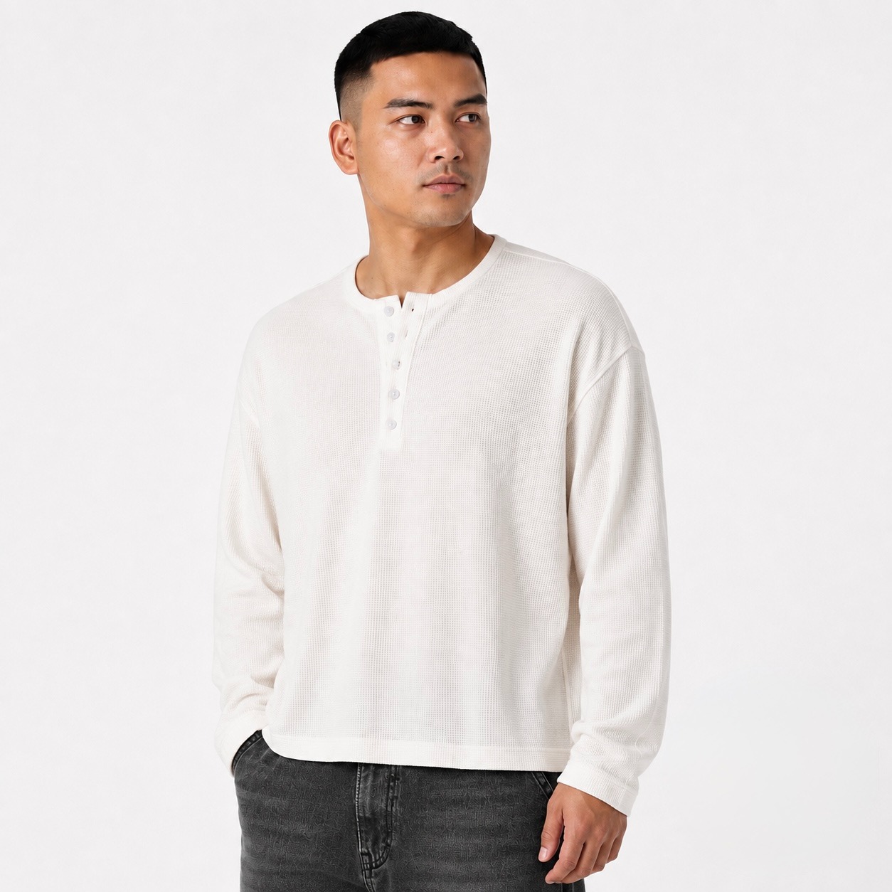 TWELTREE Oversize Boxy Waffle Henley Long Sleeve Off White
