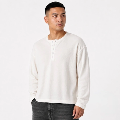 TWELTREE Oversize Boxy Waffle Henley Long Sleeve Off White