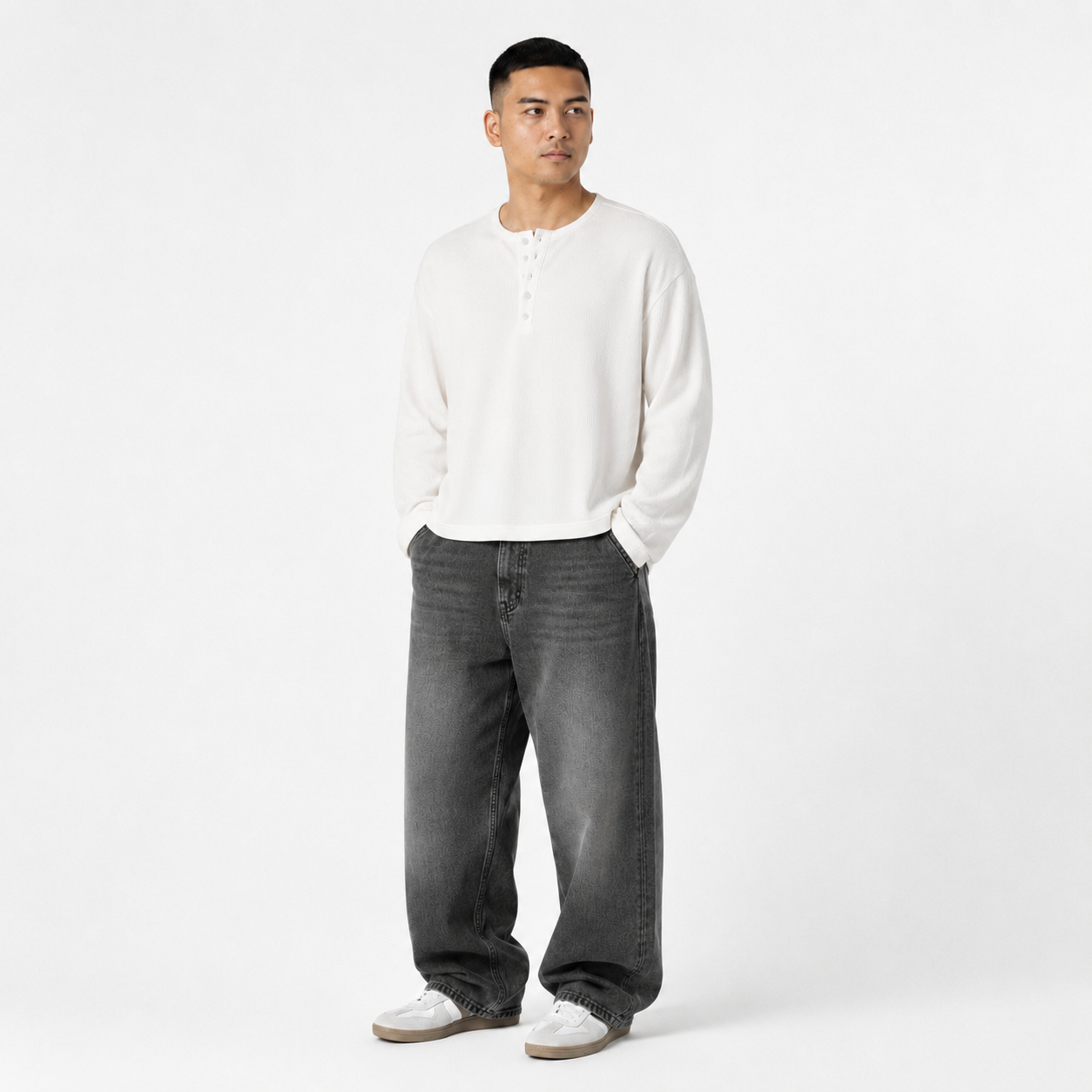 TWELTREE Oversize Boxy Waffle Henley Long Sleeve Off White