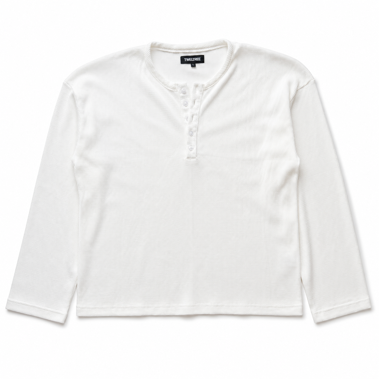 TWELTREE Oversize Boxy Waffle Henley Long Sleeve Off White