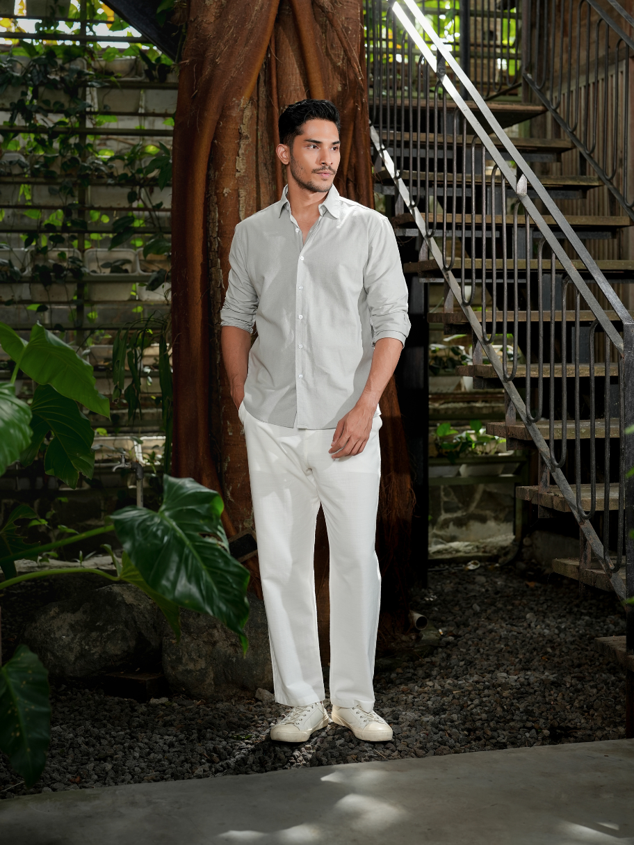 Straight Fit Linen Trousers Off White