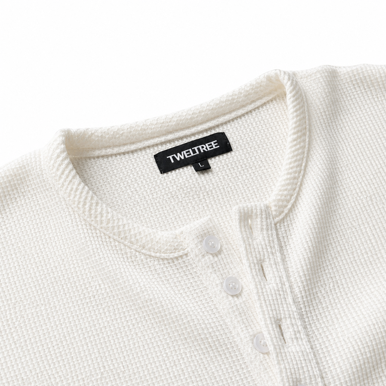 TWELTREE Oversize Boxy Waffle Henley Long Sleeve Off White
