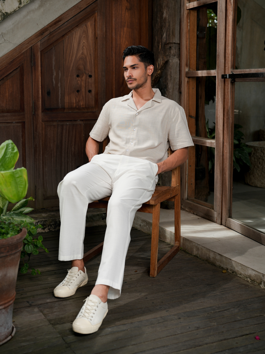 Straight Fit Linen Trousers Off White