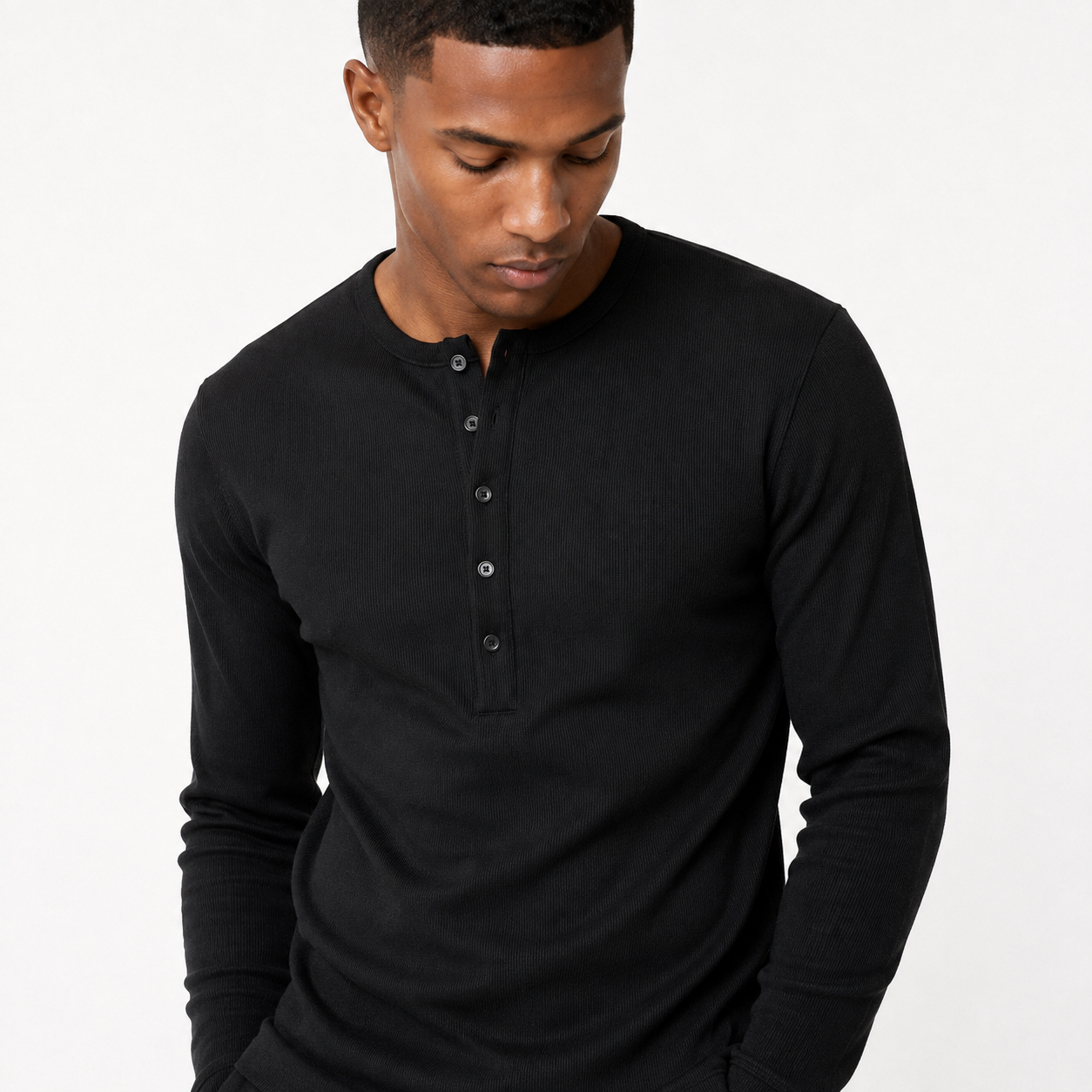 Muscle Fit Rib Henley Long Sleeve Black 