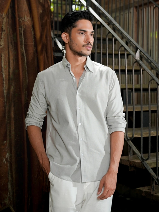 Image of Regular Fit Cotton Linen Shirt Ash Grey