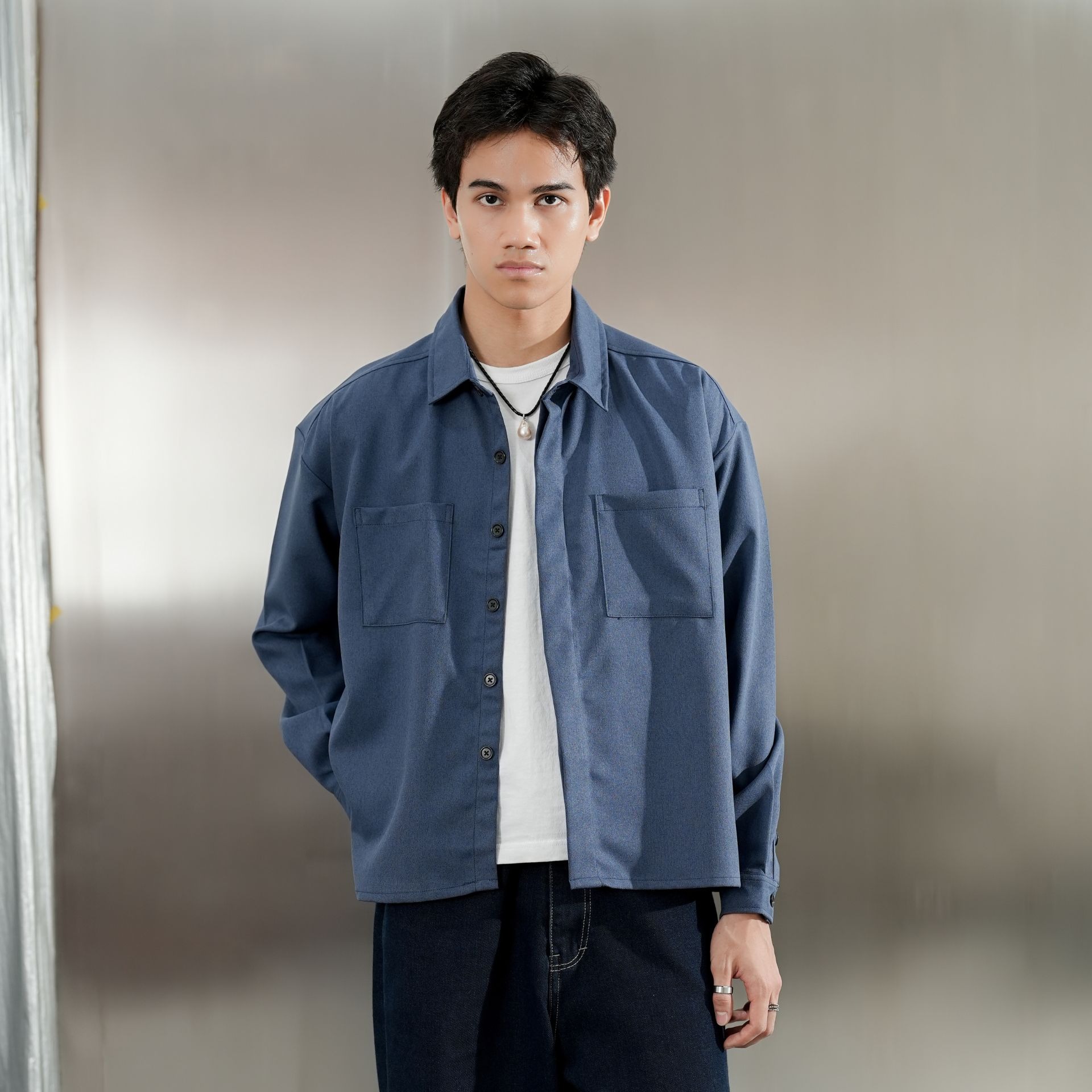 Boxy Oversize Pockets Shirt Navy Blue