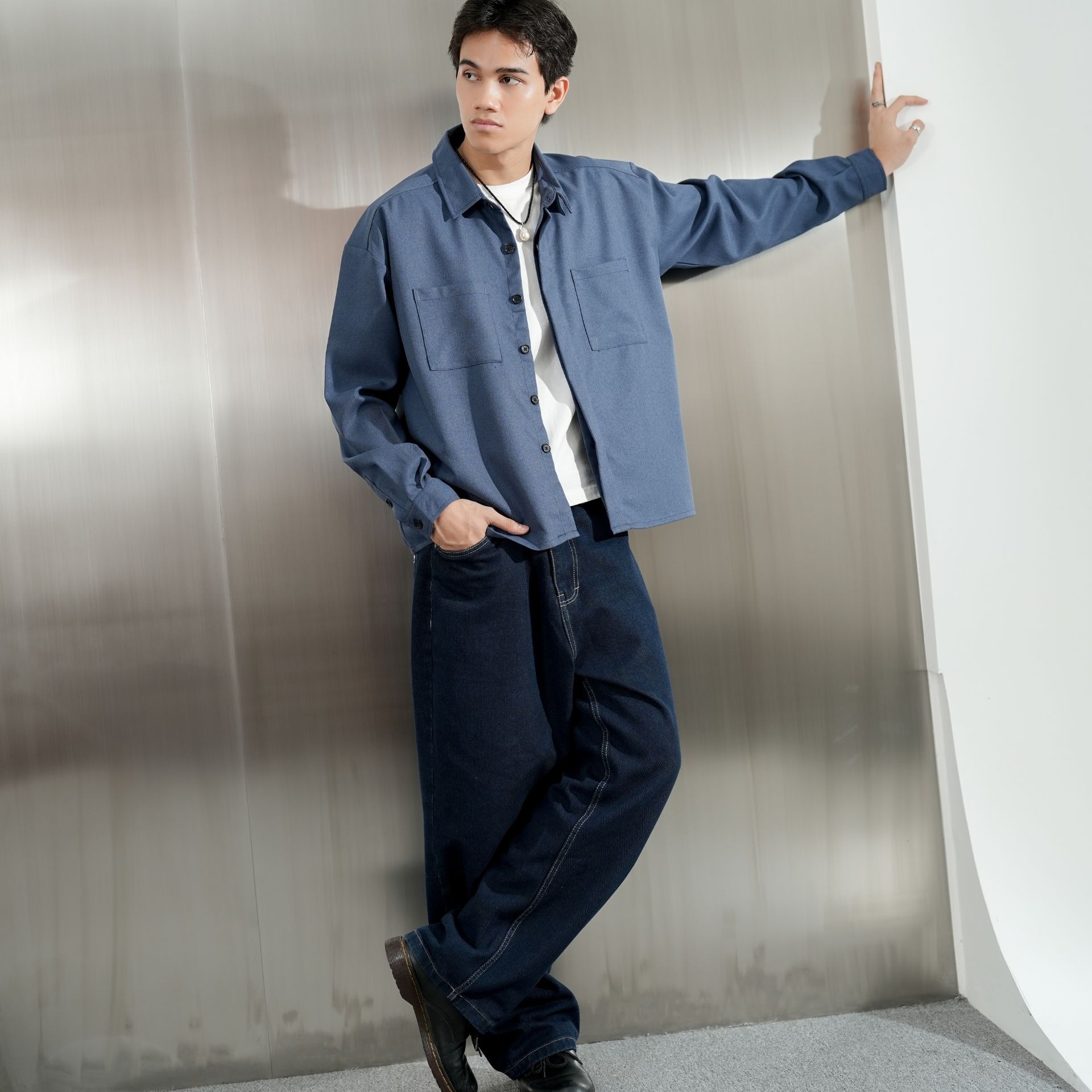 Boxy Oversize Pockets Shirt Navy Blue