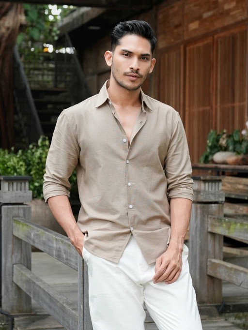 Image of Regular Fit Cotton Linen Shirt Latte