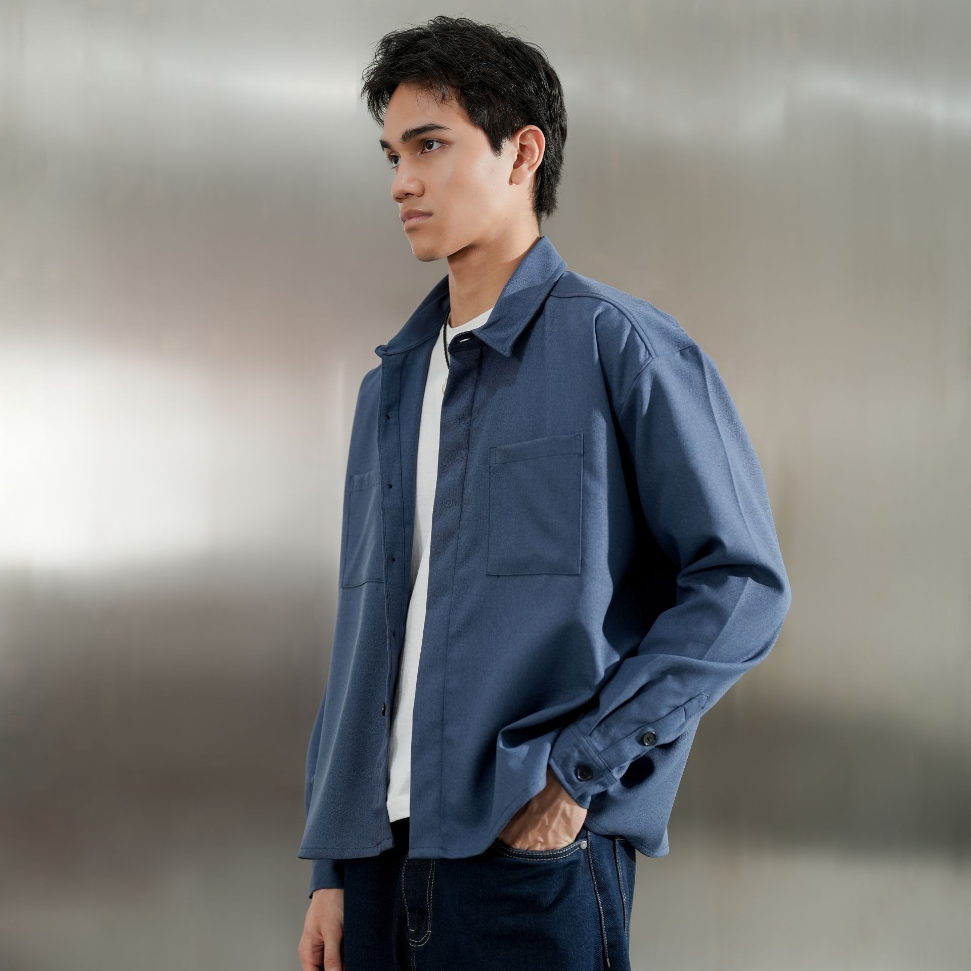 Boxy Oversize Pockets Shirt Navy Blue