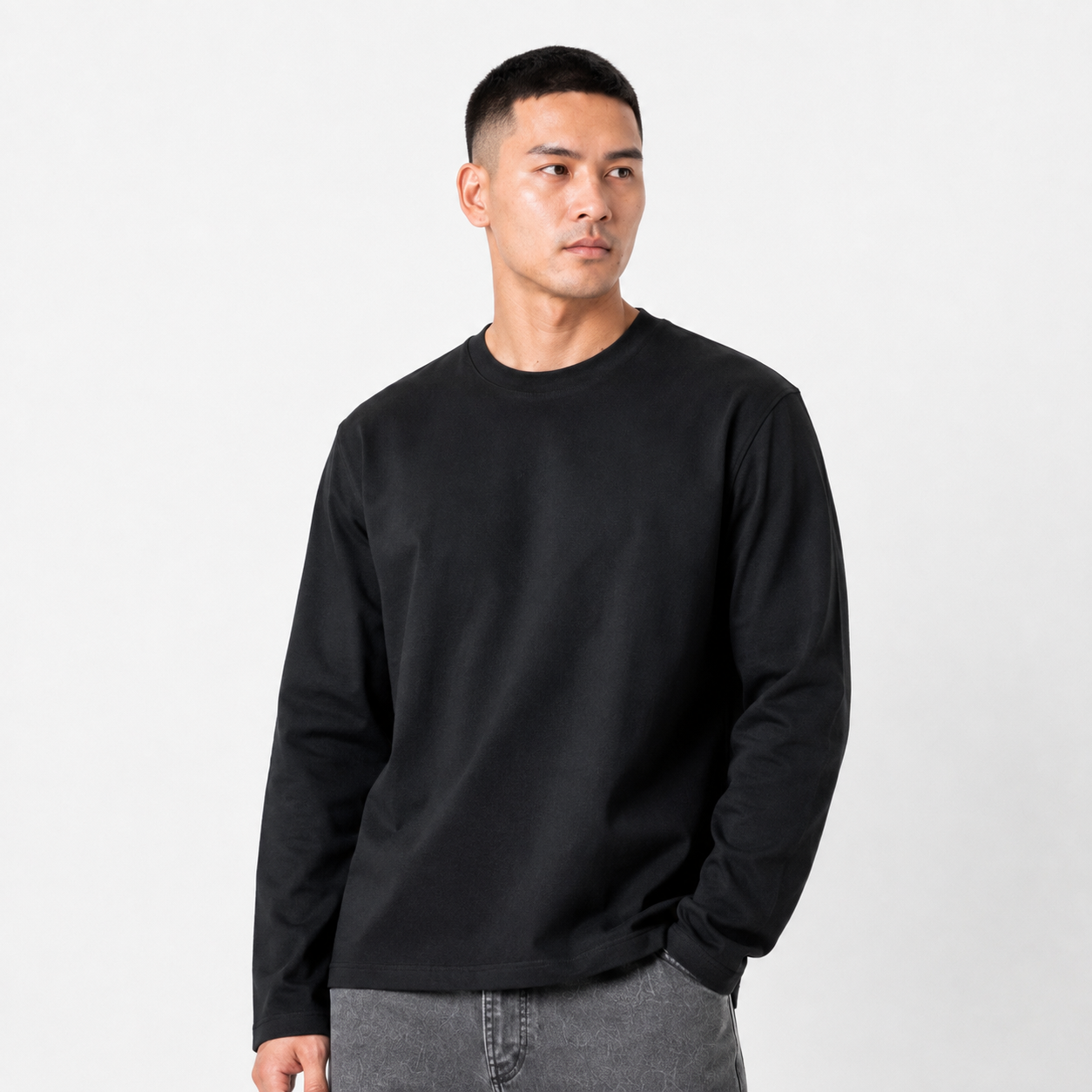 Boxy Oversize Heavyweight Cotton TCool Long Sleeve Tee 16s 250gsm Black