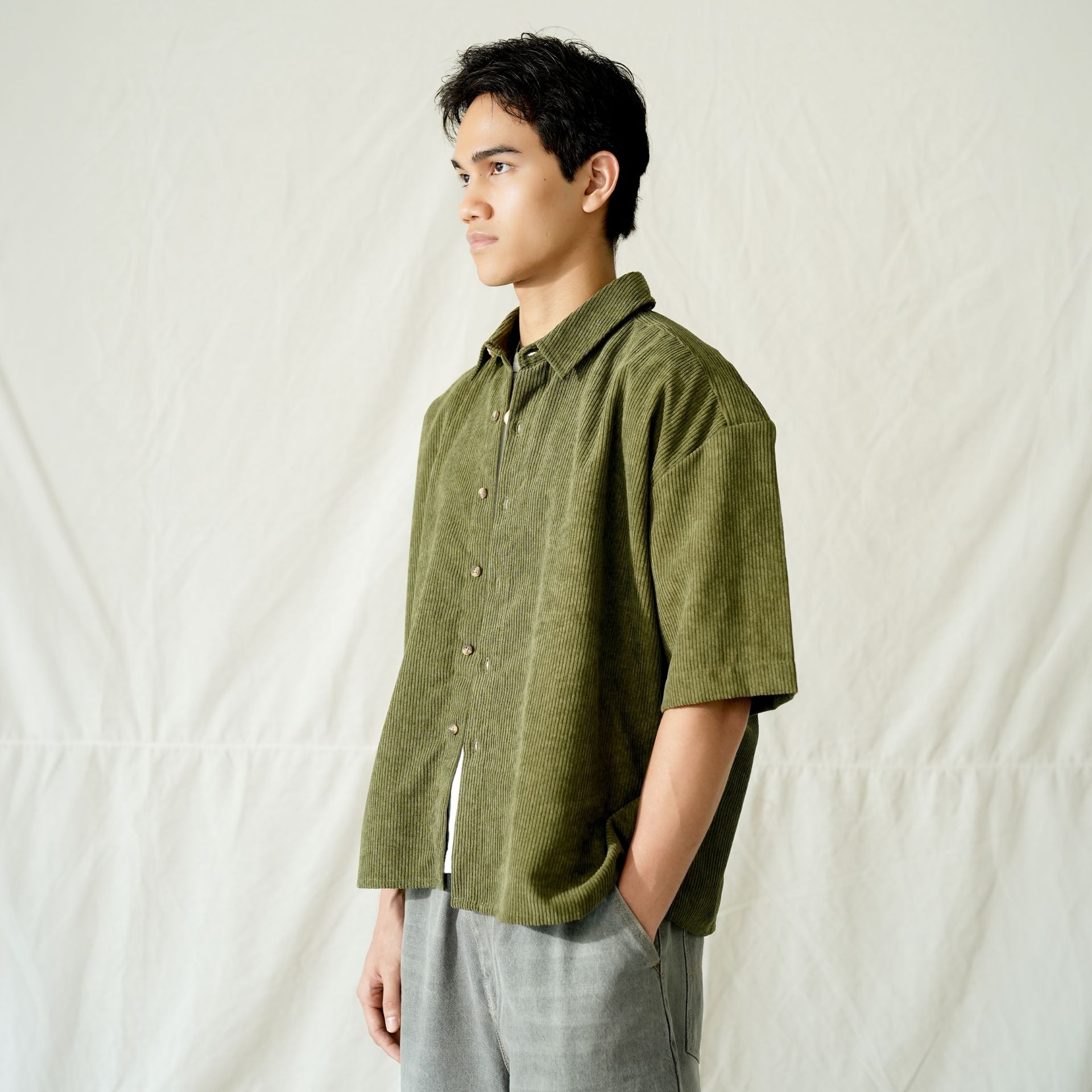 Boxy Oversize Corduroy Shirt Olive Green