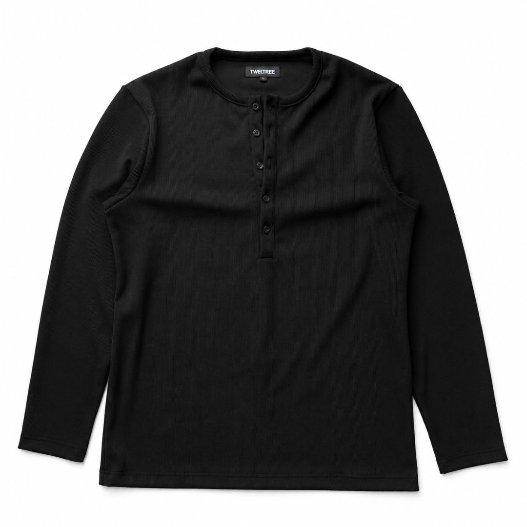 Muscle Fit Rib Henley Long Sleeve Black 