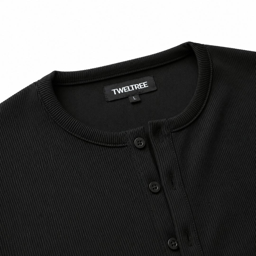 Muscle Fit Rib Henley Long Sleeve Black 