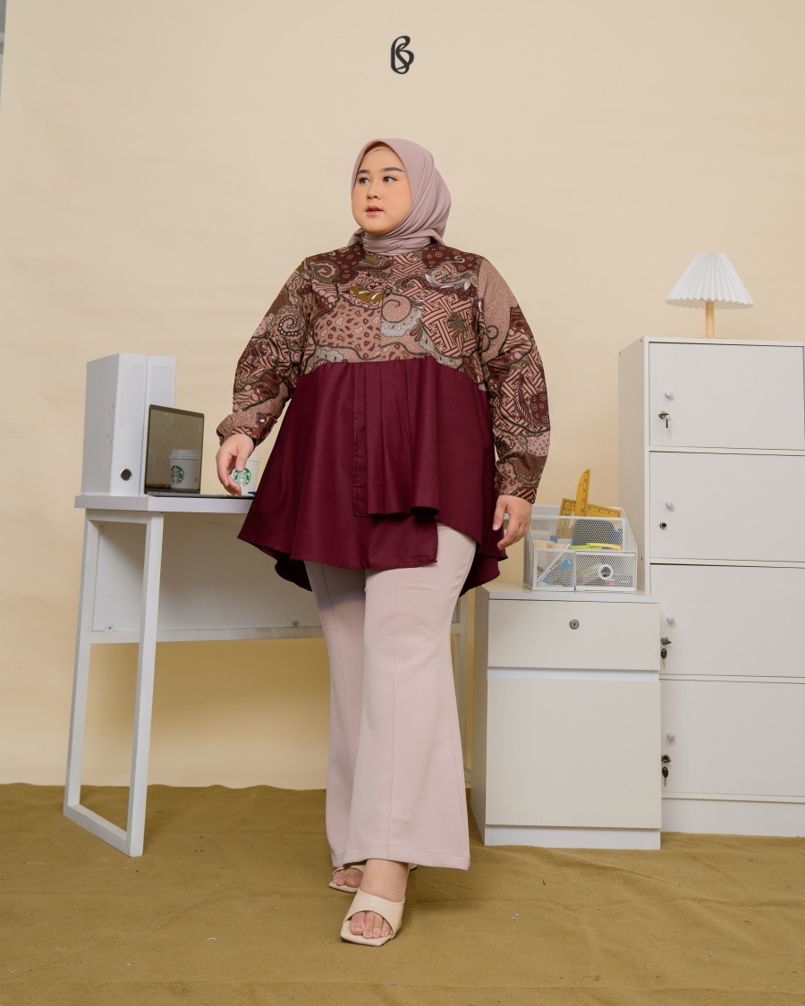 Prisha Blouse - Maroon | Atasan Blouse Batik Big Size Jumbo