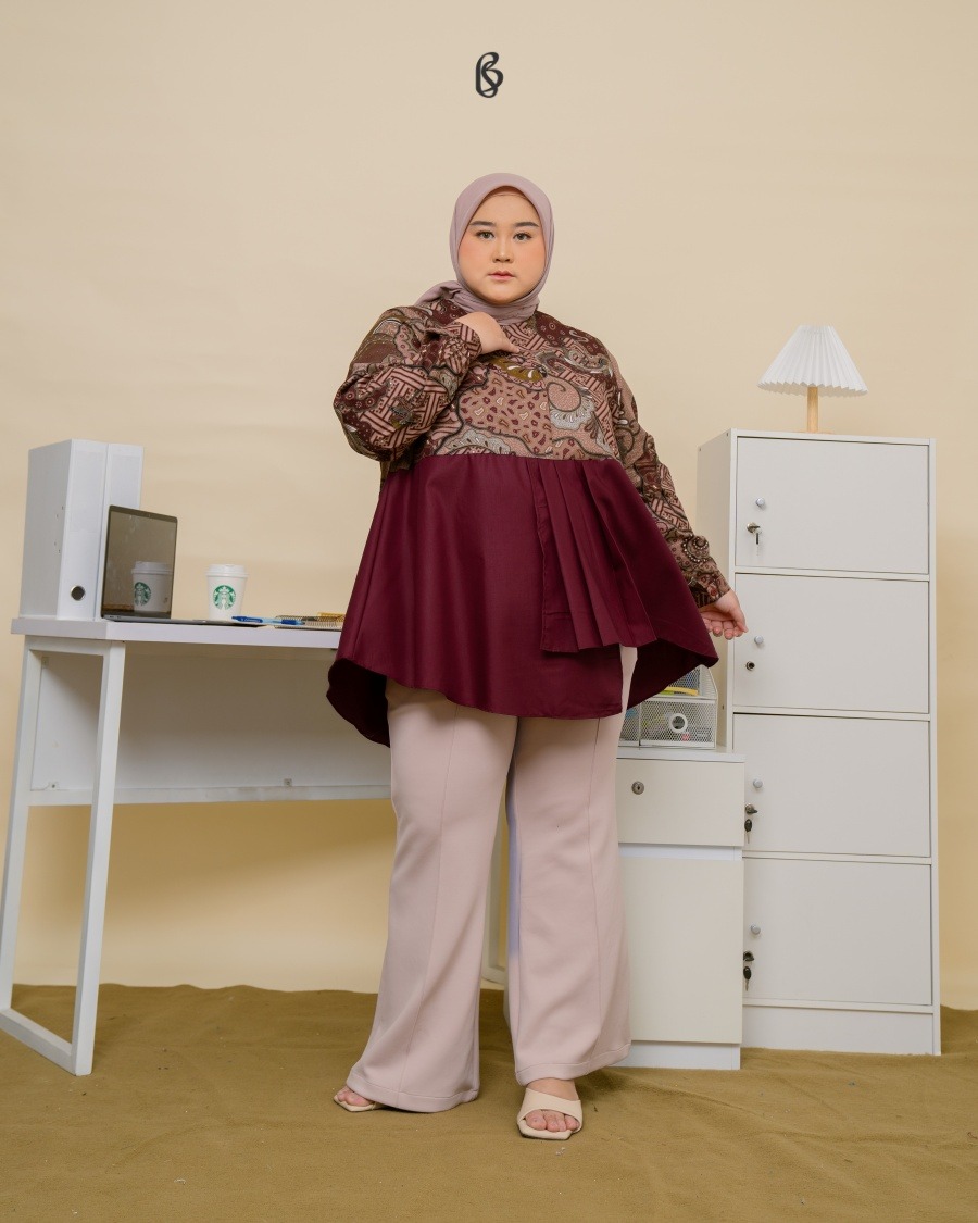 Prisha Blouse - Maroon | Atasan Blouse Batik Big Size Jumbo