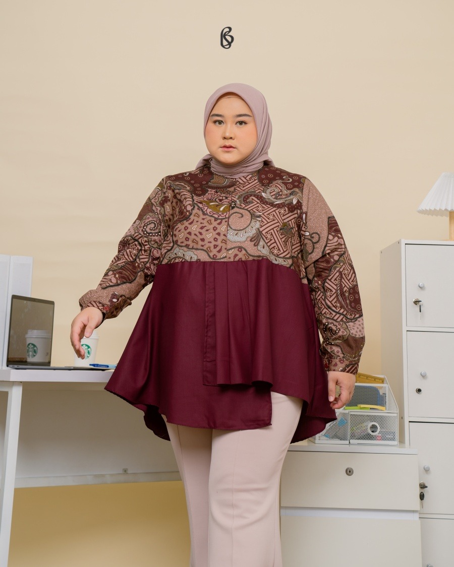 Prisha Blouse - Maroon | Atasan Blouse Batik Big Size Jumbo