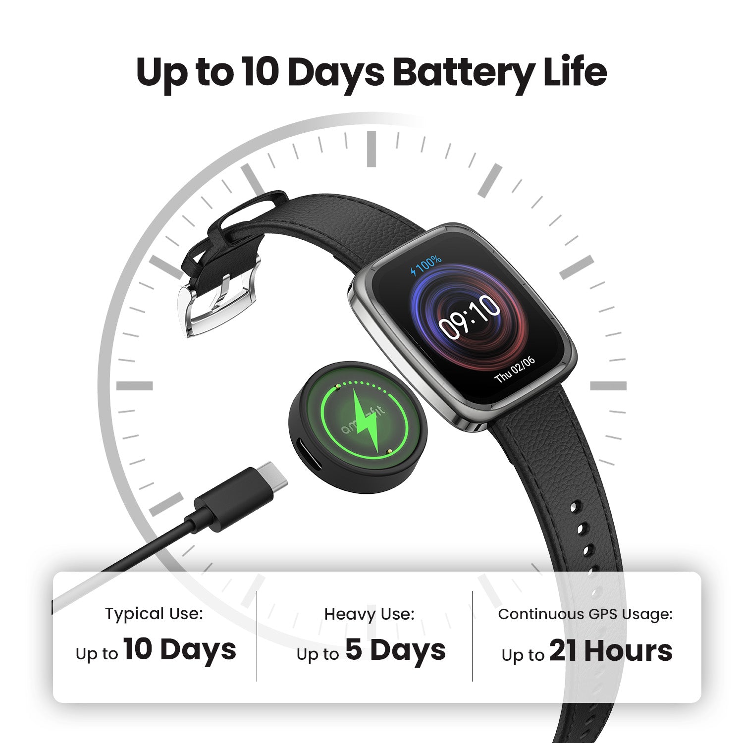 AMAZFIT - Active 2 Square Premium - Non NFC UV Black Leather Strap