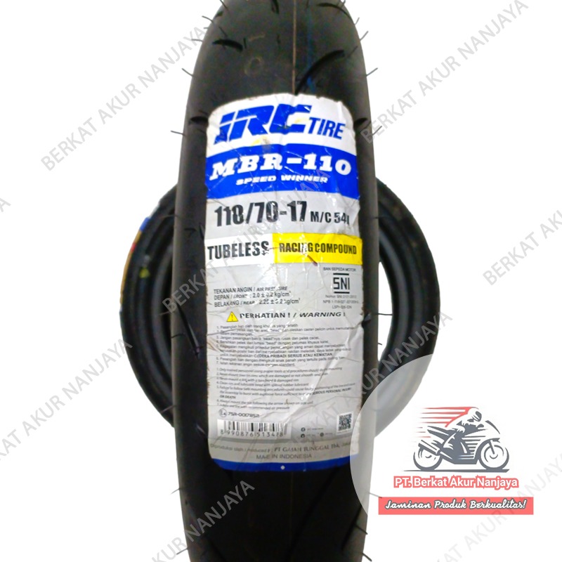 Ban IRC MBR110 ukuran 90/80-17, 110/70-17, 120/70-17,140/70-17, 150/60-17 tubeless SOFT COMPOUND