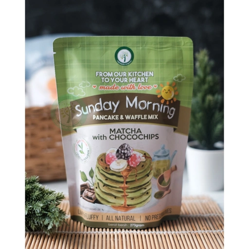 Image of SUNDAY MORNING PANCAKE AND WAFFLE MIX - MATCHA WITH CHOCOCHIPS 273GR