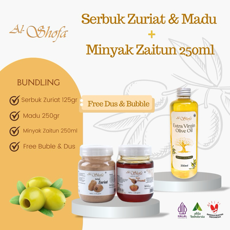 Paket Promil Serbuk Zuriat Al Shofa & Madu Promil Al Shofa & Extra Virgin Olive Oil Al Shofa 250ml Free Kardus dan Bubble