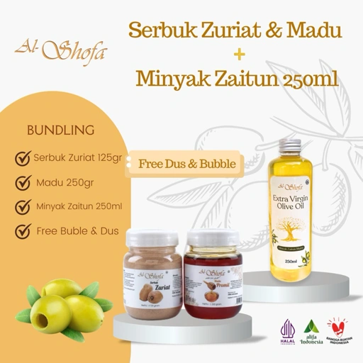 Image of Paket Promil Serbuk Zuriat Al Shofa & Madu Promil Al Shofa & Extra Virgin Olive Oil Al Shofa 250ml Free Kardus dan Bubble