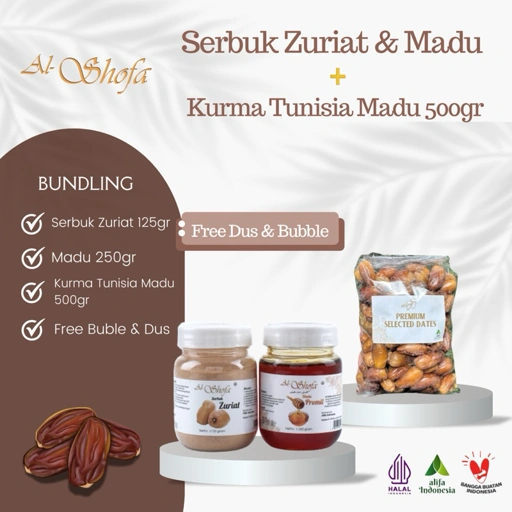 Image of Paket Promil Serbuk Zuriat Al Shofa & Madu Promil Al Shofa & Kurma Tunisia Madu 500gr Free Kardus dan Bubble