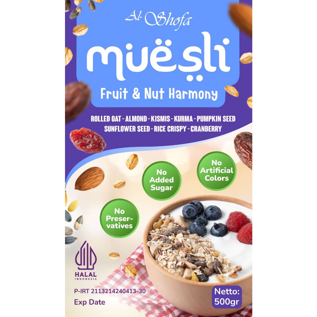 Muesli Al Shofa 500gr – Fruit & Nut Harmony | Rolled Oat Almond Kismis Kurma Cranberry | Healthy Breakfast Tanpa Pengawet