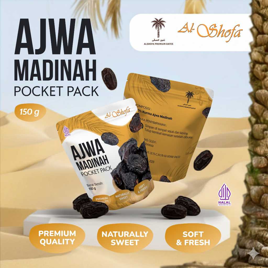 Kurma Ajwa Madinah 150g Pocket Pack – Al Shofa Premium Dates | Kurma Ajwa Kemasan Praktis Cocok untuk Oleh-Oleh & Hampers