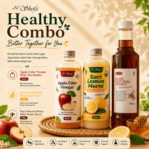 Image of Cuka Apel Al Shofa 500ml + Sari Lemon Al Shofa 500ml + Madu Al Shofa 500gr Free Kardus dan Bubble